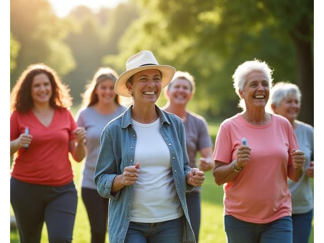 A diverse group of happy, active adults over 35, smiling and exercising outdoors. 