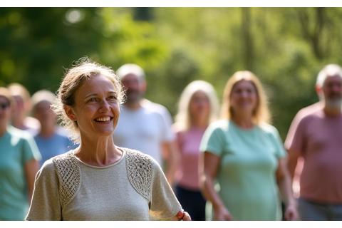 Diverse group of adults over 35 participating in an outdoor yoga class, laughing and interacting.