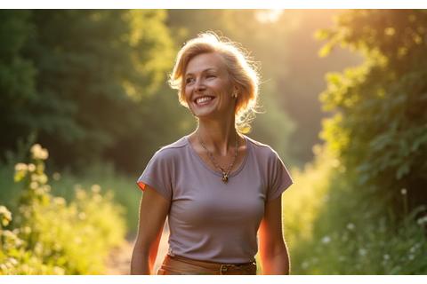 Dr. Evelyn Reed, elegant woman in her early 40s, hiking a sun-drenched trail with a joyful expression.