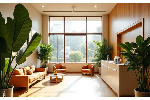 A modern, sunlit wellness center lobby with lush plants and comfortable seating in San Jose.