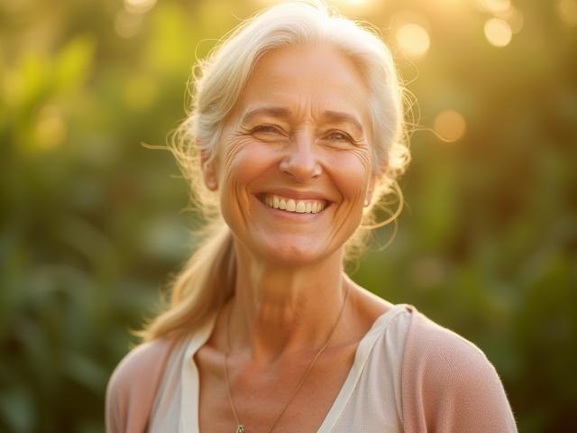 A confident, vibrant woman in her late 40s smiling broadly in a sunlit garden, embodying radiant health and peace.