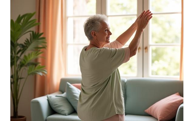Woman in her late 50s gently stretching in a sunlit living room, demonstrating increased flexibility.