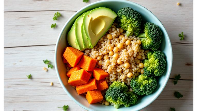 A vibrant, healthy meal bowl featuring quinoa, roasted vegetables, and avocado.