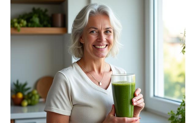 Woman in her mid-50s preparing a healthy green smoothie