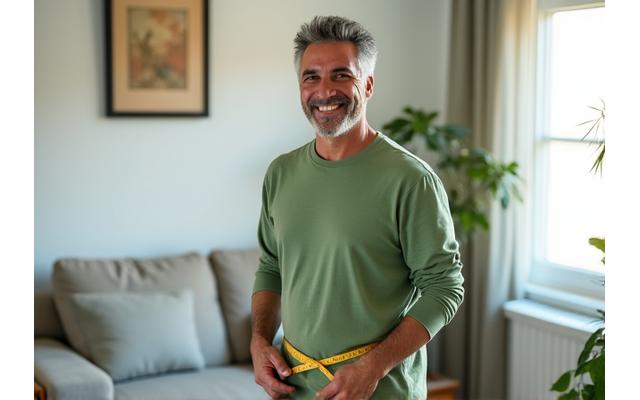 Man in his late 40s proudly holding a tape measure, showing waist reduction
