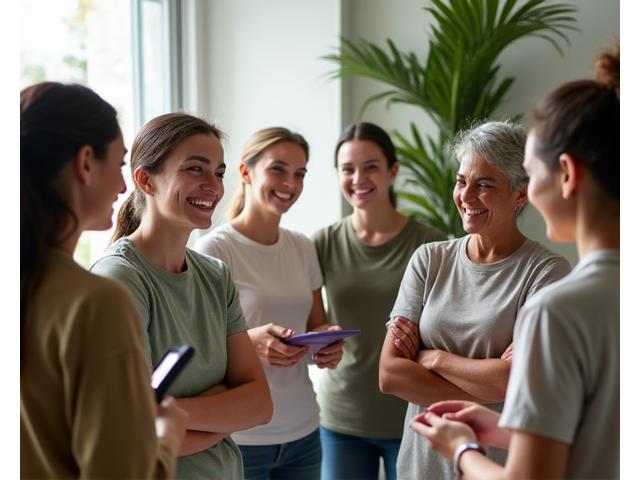 Diverse group of adults 35+ smiling and interacting warmly in a bright, modern wellness space, emphasizing community and support.