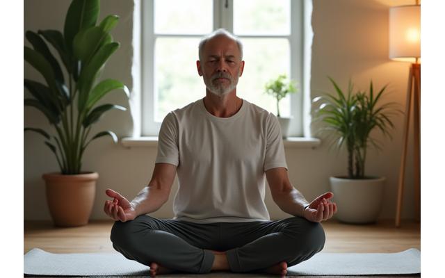 Man in his early 50s meditating calmly in a home office, surrounded by subtle greenery.