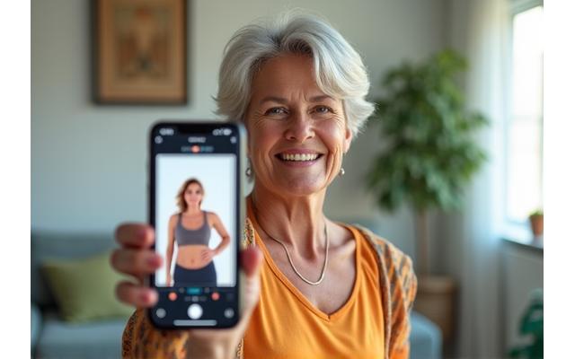 Smiling woman in her late 40s showing a 'before and after' photo on her phone, highlighting weight loss.