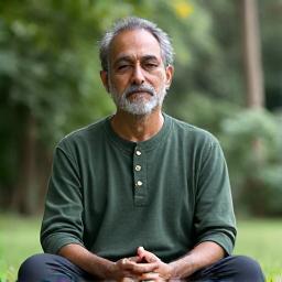 Calm male mindfulness coach meditating in a serene setting