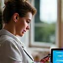 Woman reviewing program materials on a tablet