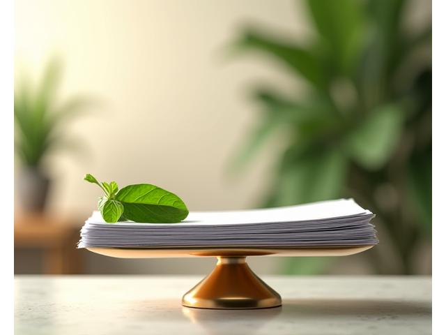 A balanced scale with a green leaf on one side, and legal documents on the other, signifying fairness, balance, and trust in Veridian Bloom's terms of service.